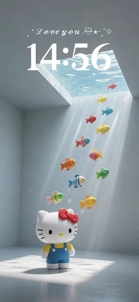 Modèle de fond d'écran personnalisable montrant Hello Kitty 3D et des poissons tombant du plafond.