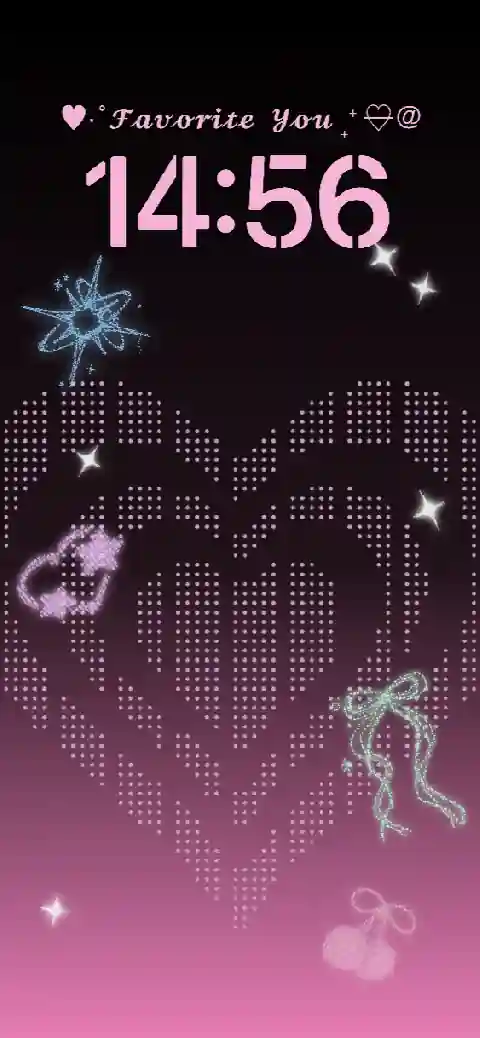 Plantilla de fondo de pantalla personalizable con corazón de puntos, lazos brillantes y cerezas sobre fondo rosa y negro.