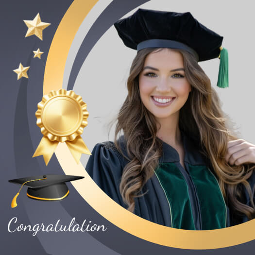 Modèle de montage photo de remise de diplôme avec un cadre circulaire, des étoiles dorées, un sceau doré avec rubans, une toque de diplômé et le texte 'Congratulation' sur fond bleu marine.