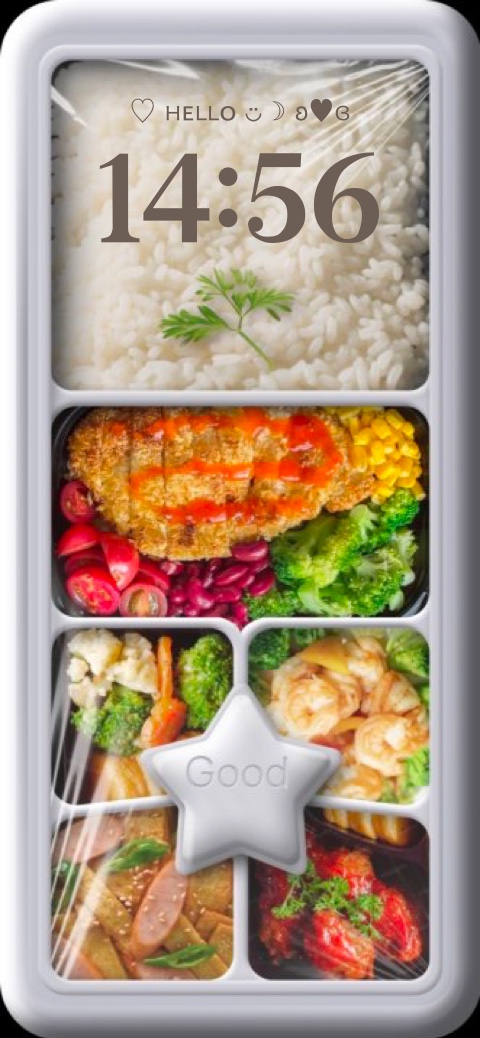 ご飯、カツ、野菜が入った3Dお弁当風のカスタマイズ可能な壁紙テンプレート。ラップの質感が特徴的な静止画背景。