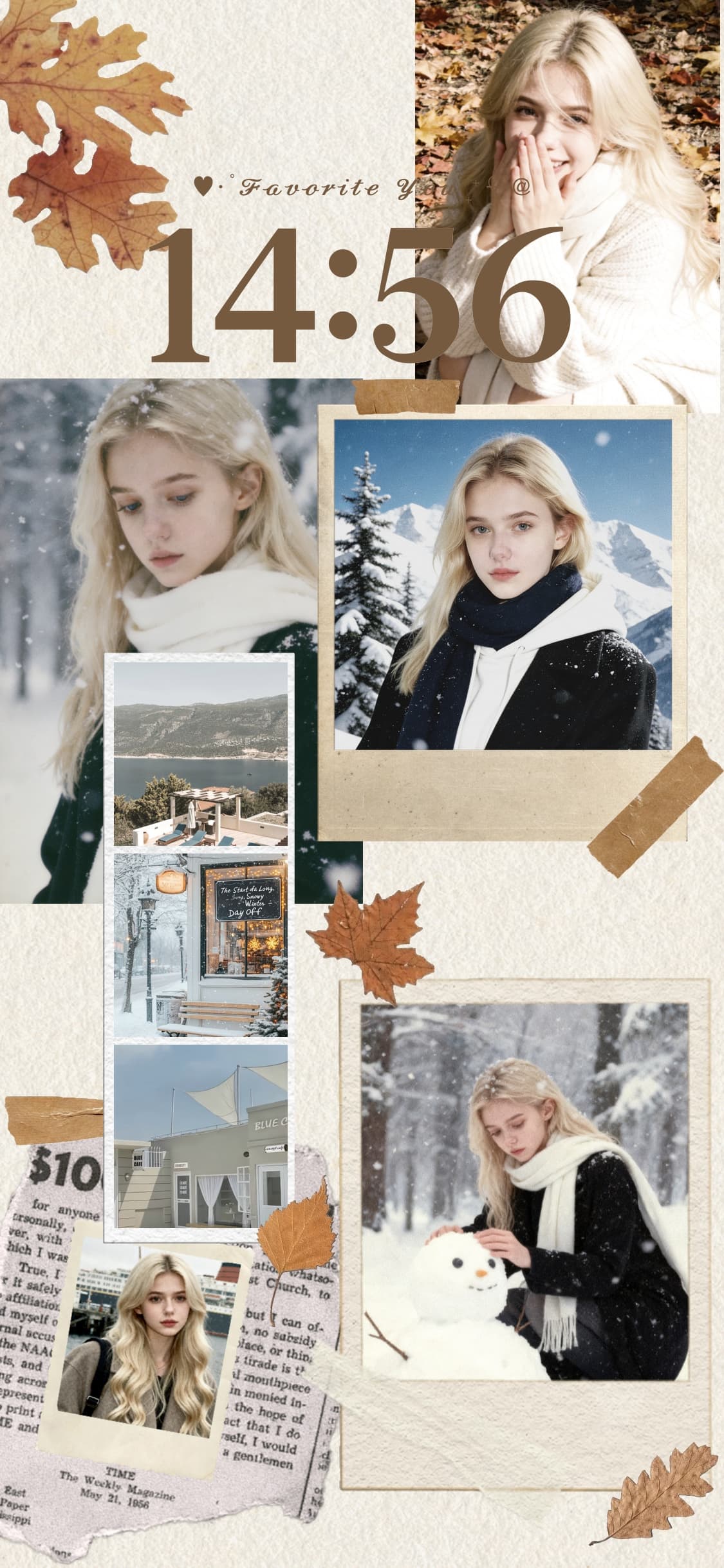 Aesthetic winter scrapbook phone wallpaper template featuring polaroid photos, dried leaves, and snow-themed collage elements.