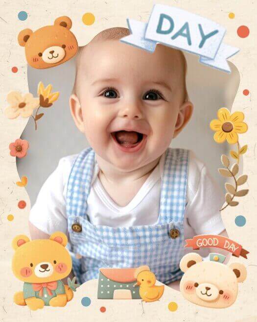 Cute baby photo in a kawaii collage template with teddy bear stickers, yellow flowers, and blue banner elements.
