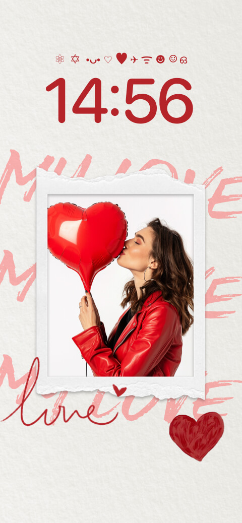 DIY romantic wallpaper template with a Polaroid frame for a custom photo and red heart balloon aesthetic.