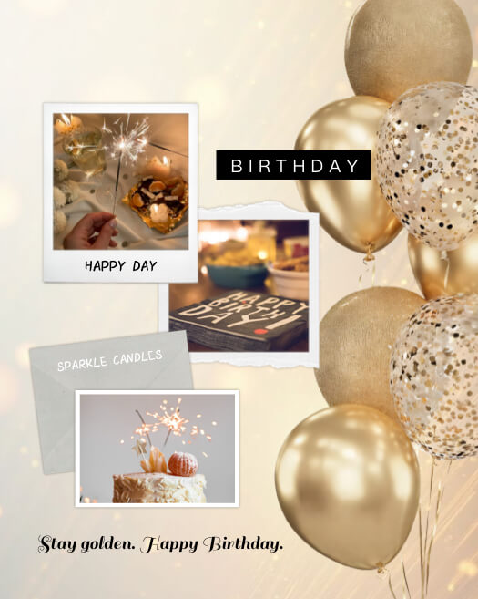 Elegant golden birthday collage with three photos, metallic gold balloons, and sparkles on a cream background.