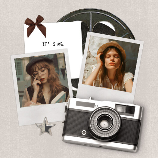 Vintage scrapbook collage with two Polaroid photos, film reel, retro camera, brown bow, and silver star elements.