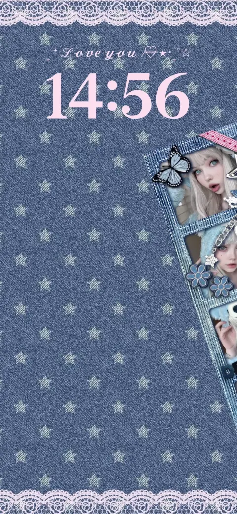 Fondo de textura de mezclilla azul con estrellas blancas, encaje rosa y marcos de fotos personalizables para un fondo animado.