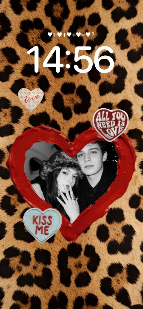 DIY mobile wallpaper template featuring leopard print background, red heart frame for photos, and romantic Y2K stickers.