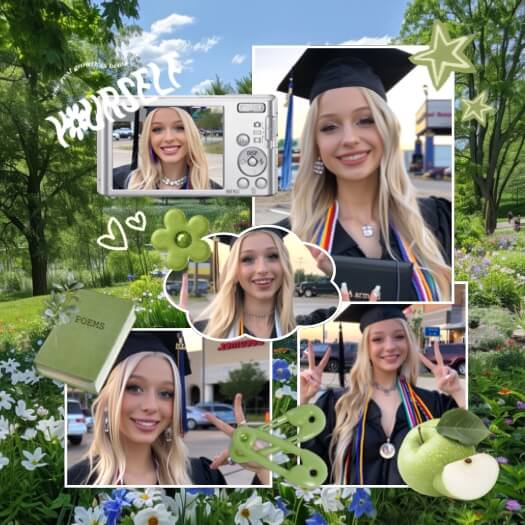 A graduation-themed photo collage with a green garden background, featuring Y2K stickers, a digital camera, and 5 photos.