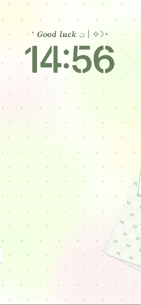 Aesthetic green minimalist live wallpaper with grid pattern, digital clock, and Good luck text message for mobile.