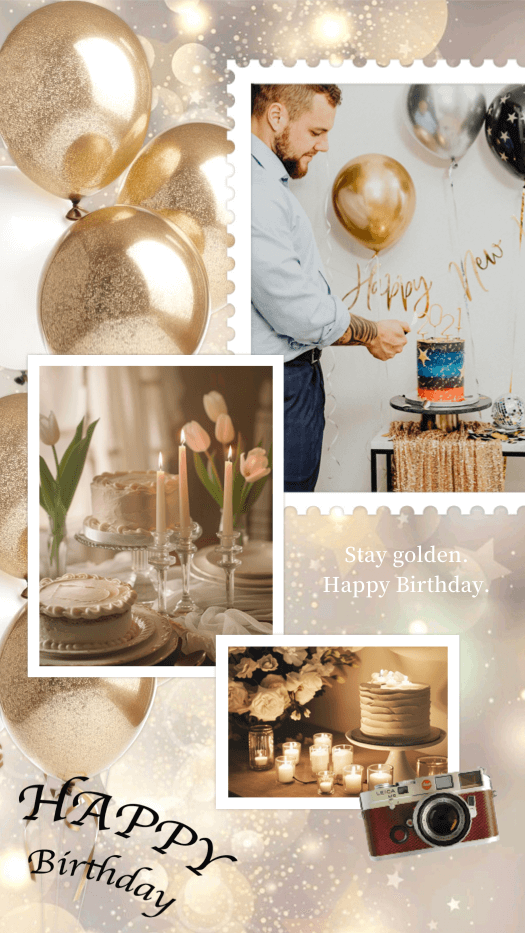 Gold birthday photo collage with three frames, golden balloons, glitter bokeh, and a vintage camera on a sparkly background.