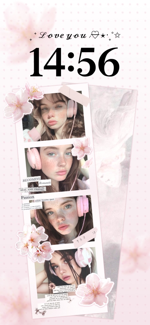 A pink aesthetic DIY wallpaper template with cherry blossom motifs and a four-frame film strip for custom photos.