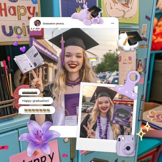 Eine Fotocollage zum Schulabschluss im Y2K-Stil mit Schulspinden, lila Blumen, Doktorhut-Stickern und Polaroid-Fotos.