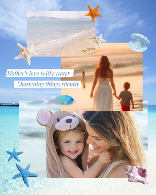 Mother's Day beach collage with 3 photos, starfish, seashells, and ocean background in a freestyle scrapbook style.