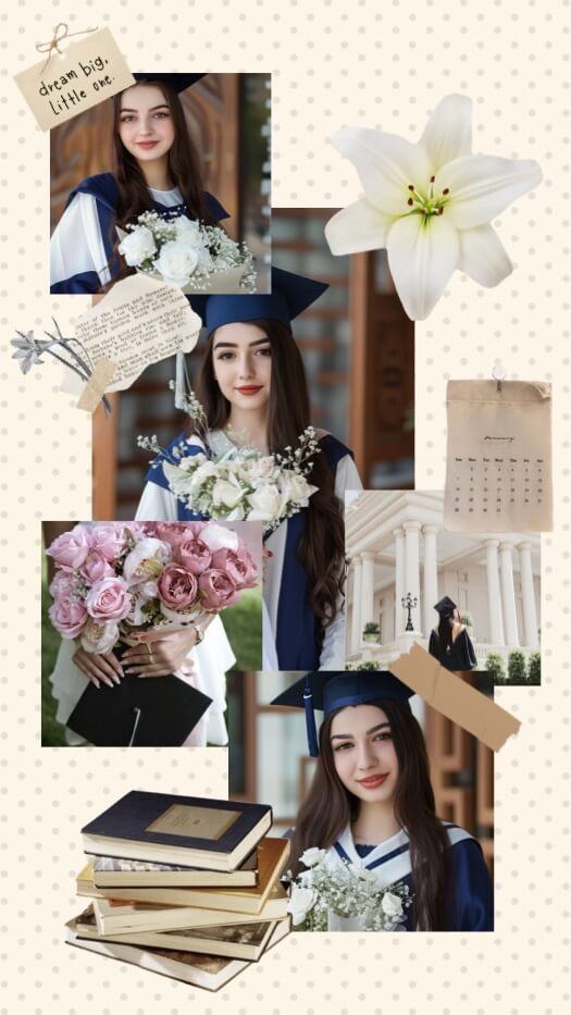 Un montage photo de style scrapbook pour la remise des diplômes, comprenant des photos d'une diplômée en toge bleue, des lys blancs, des livres et un calendrier de janvier sur un fond à pois beige.