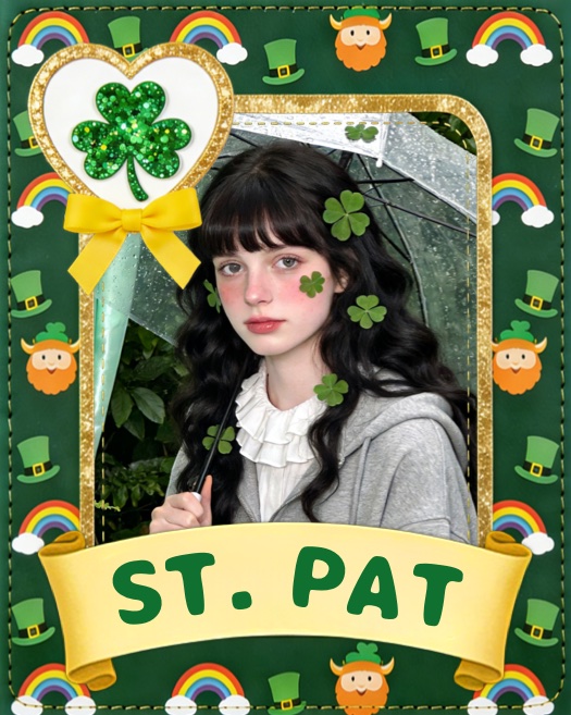 St. Patricks Day Fotorahmen mit grünem Hintergrund, Glitzer-Kleeblatt, Regenbögen, Koboldhüten und einer 'ST. PAT' Schleife.