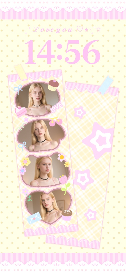 Pink and yellow pastel DIY wallpaper template with four photo collage frames and kawaii star stickers.