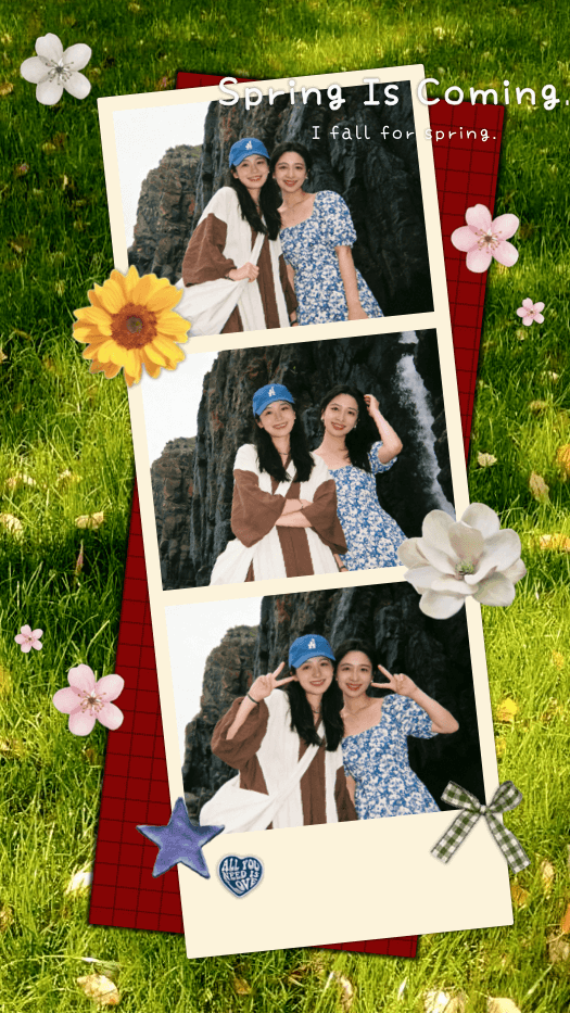 Fotocollage-Vorlage zum Thema Frühling mit drei vertikalen Fotos in einem Filmstreifen-Layout, dekoriert mit Blumen, Stickern und grünem Gras.