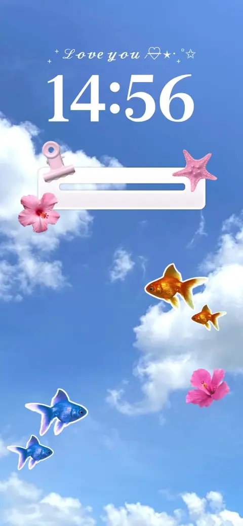 Aesthetic live wallpaper template featuring goldfish and pink flowers floating in a blue sky with white clouds.