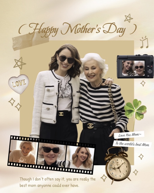 A Mother's Day photo collage with a beige background, a film strip, a heart sticker, and text saying "Happy Mother's Day".