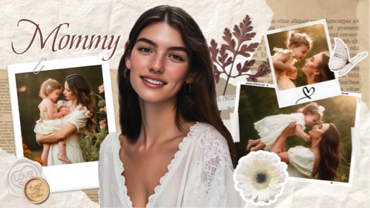 A vintage-style scrapbook collage featuring 'Mommy' text, polaroid frames with a mother and child, a white daisy, butterfly sticker, and wax seals on a ripped paper background.