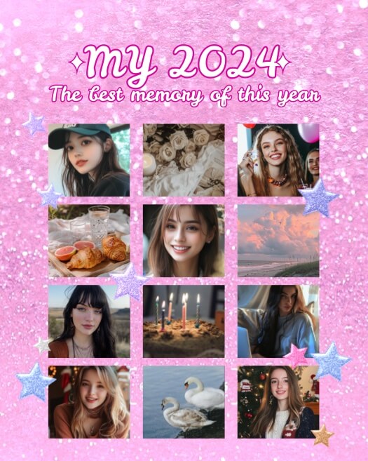 Eine 12-Foto-Raster-Collage-Vorlage mit rosa Glitzerhintergrund, 'my 2024'-Schriftzug und funkelnden Sternen.