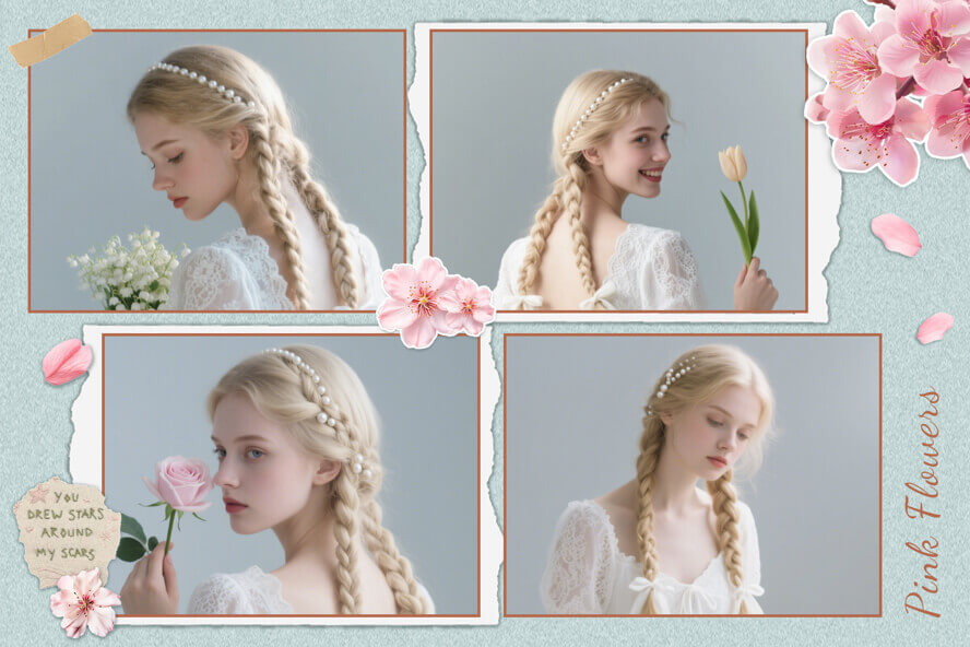 Modèle de collage photo avec 4 cadres, fond vert sauge, fleurs de cerisier, ruban adhésif et effets de papier déchiré.