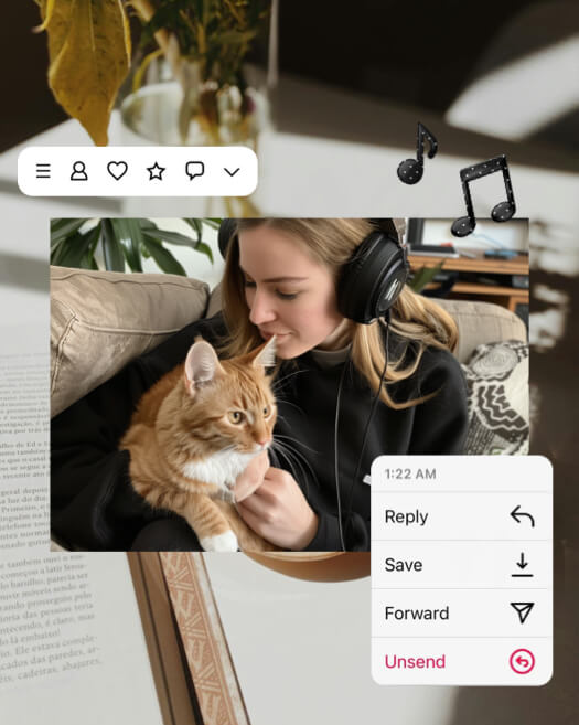 Fotocollage-Vorlage mit einer Frau mit Kopfhörern und Katze, ergänzt durch Social-Media-Menü-Icons, Musiknoten und Zeitungs-Hintergrund.