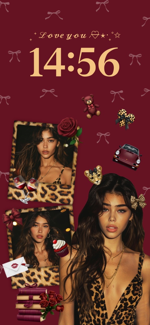 Aesthetic DIY phone wallpaper template with burgundy background, leopard print Polaroids, bows, and customizable photos.
