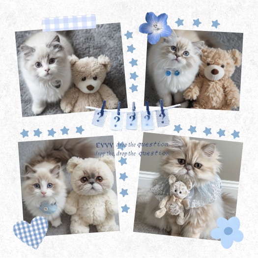 4-photo collage template with blue scrapbook aesthetic featuring cats, teddy bears, blue flowers, and gingham stickers.