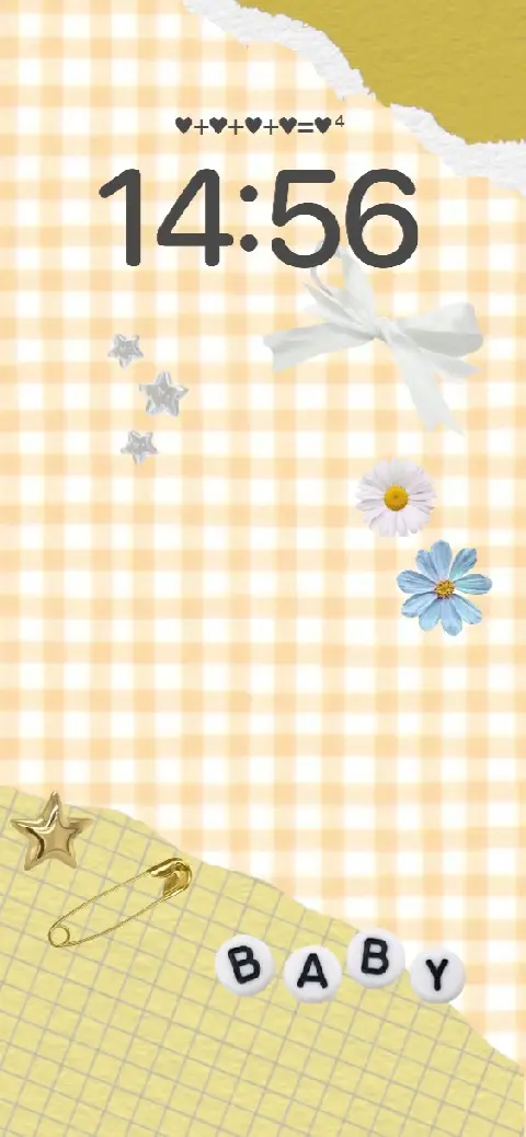 Anpassbare Hintergrundvorlage im gelben Gingham-Stil mit Scrapbook-Elementen wie Blumen und Schleifen.