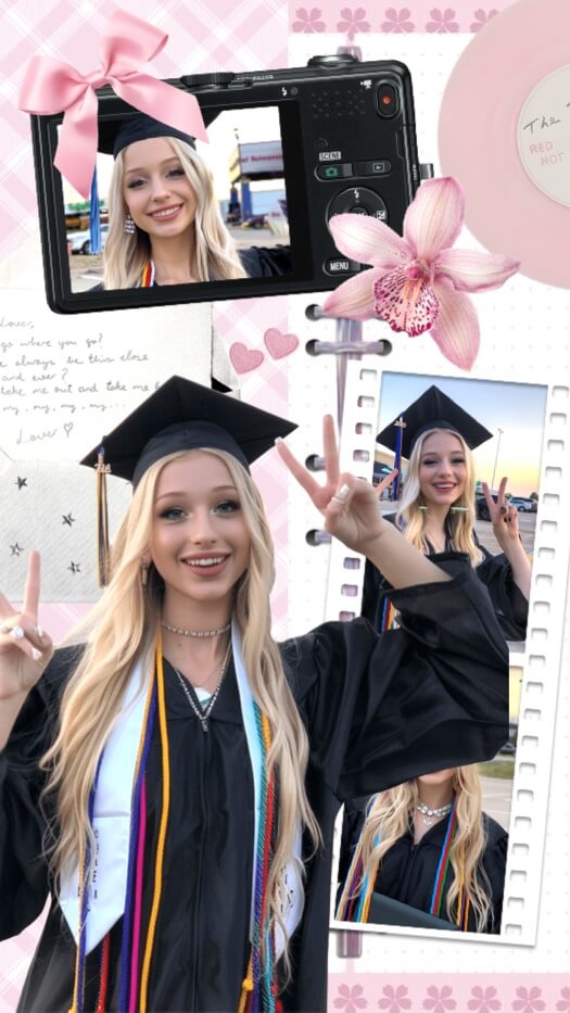 Pink graduation scrapbook collage featuring a student in a cap and gown with bows, a digital camera, and orchid flowers.