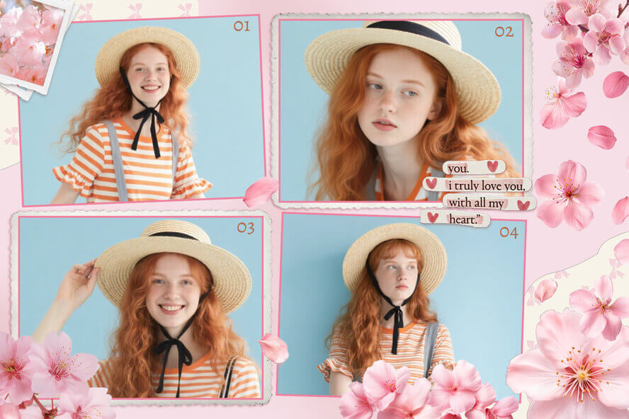 Eine rosa Fotocollage-Vorlage mit 4 nummerierten Fotorahmen, dekoriert mit Kirschblüten und fallenden Blütenblättern in einem verspielten Scrapbook-Design.