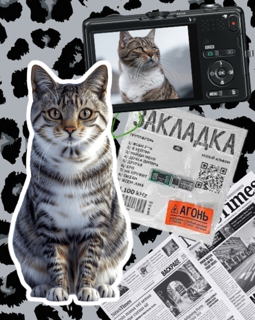 Eine Freestyle-Fotocollage mit einer getigerten Katze, einem Kamerabildschirm, Zeitungsausschnitten und einem grauen Leopardenmuster-Hintergrund.