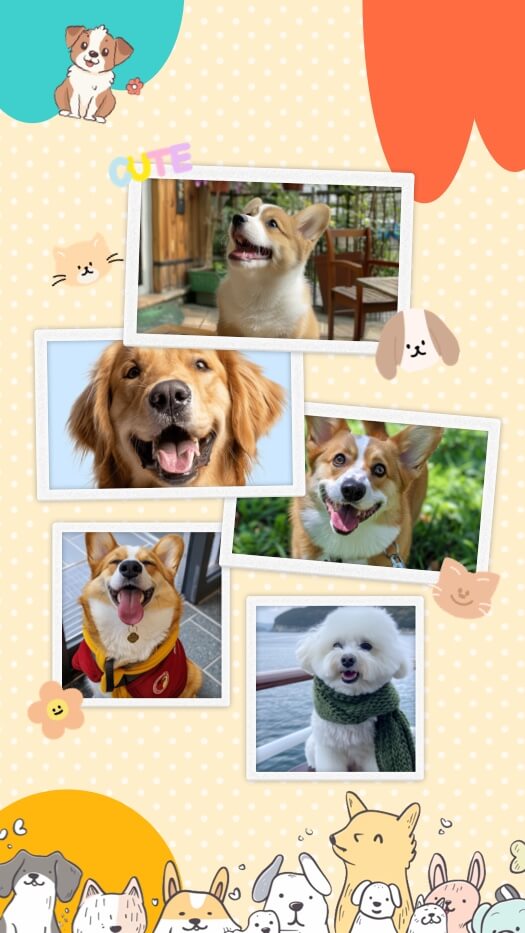 A 5-photo collage template for pets featuring dogs like a Corgi and Golden Retriever in Polaroid-style frames. The background is yellow with white polka dots and decorated with cute hand-drawn animal illustrations and colorful shapes.