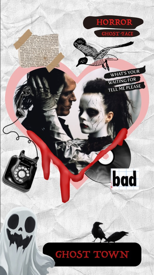 Eine Horror-Fotocollage mit Herzrahmen, einem Gothic-Paar, Bluttropfen, einem Geist und Raben auf zerknittertem Papierhintergrund.