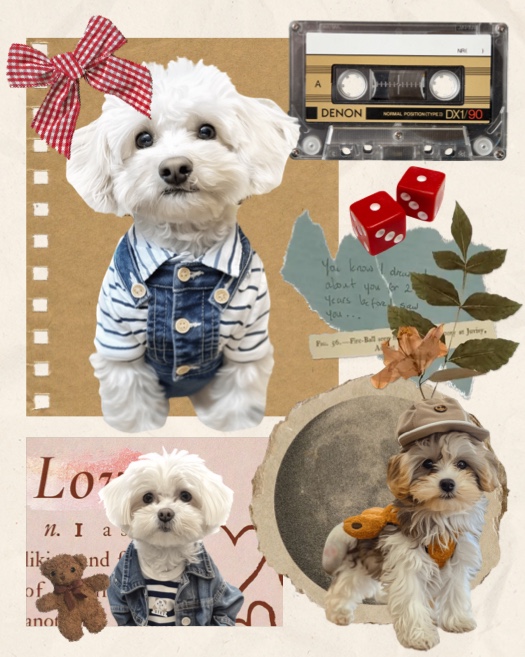 A vintage pet scrapbook collage with three puppy photos, a red bow, cassette tape, red dice, and autumn leaves.