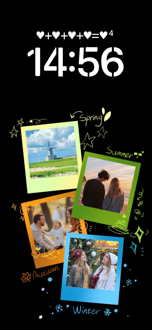 Custom DIY phone wallpaper with four seasonal Polaroid photo frames and hand-drawn doodles on a black background.