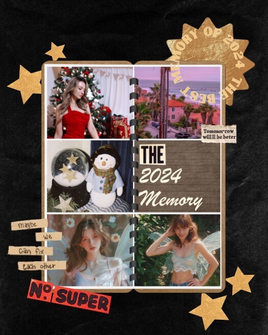 2024 memory collage template with a spiral notebook layout, gold stars, ripped tape stickers, and 5 photo frames.