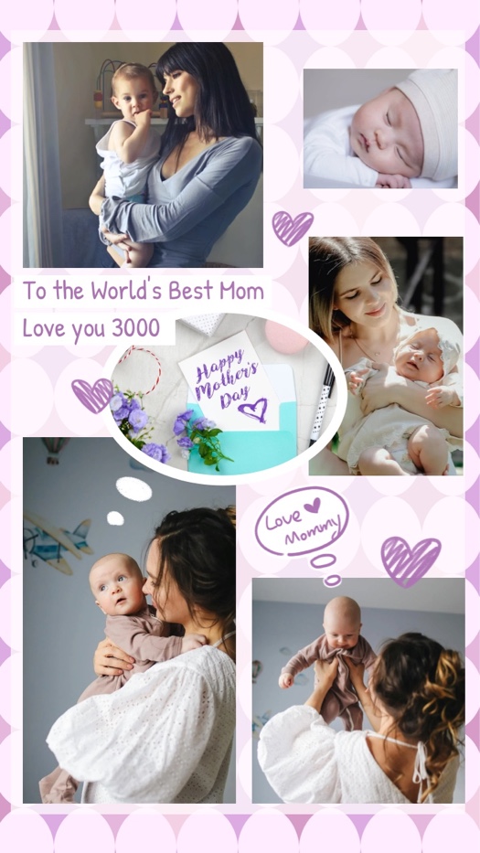 Lavender Mother's Day collage with hearts and five photos of mothers and babies in a scrapbook layout.