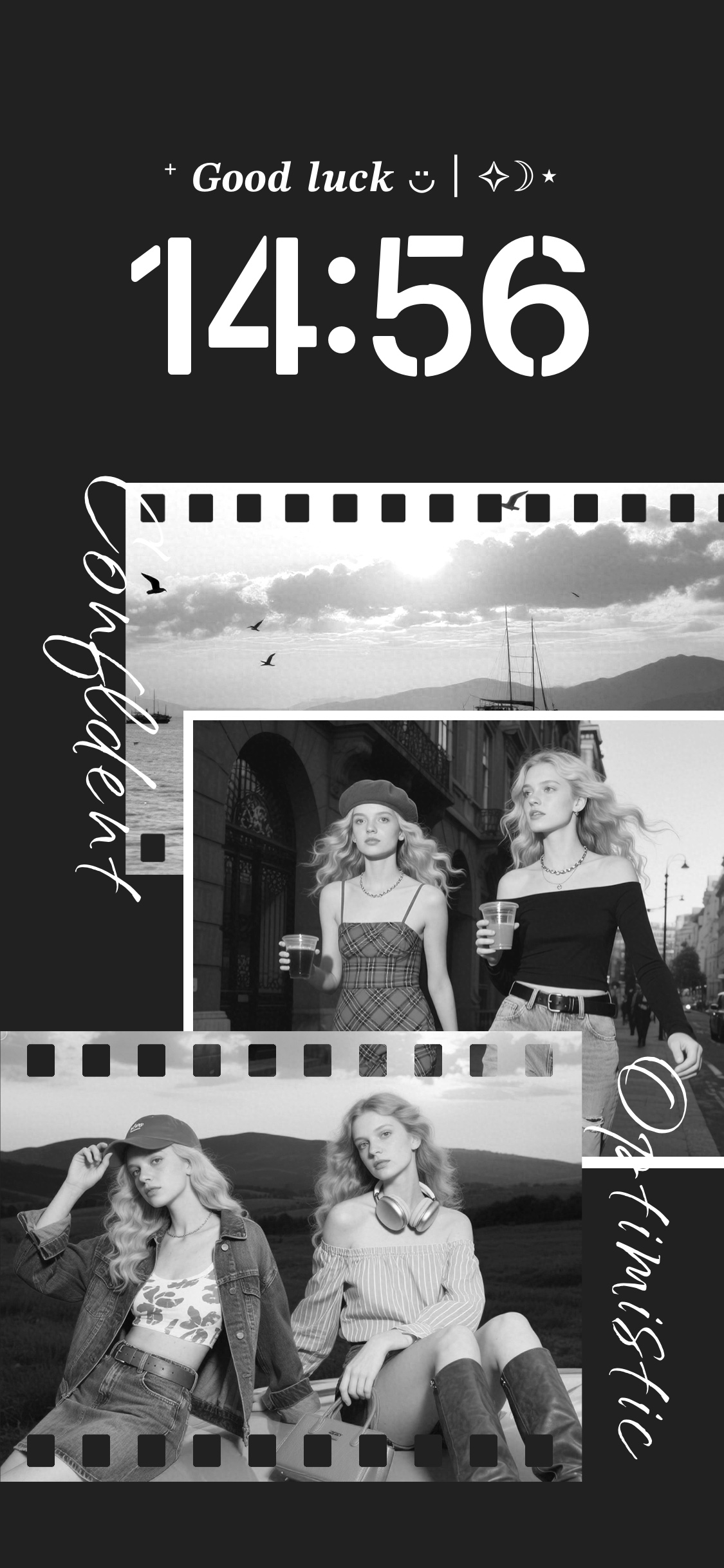 A monochrome static wallpaper template with a film strip photo collage, featuring spaces for custom photos, a digital clock, and inspirational text on a dark gray background.