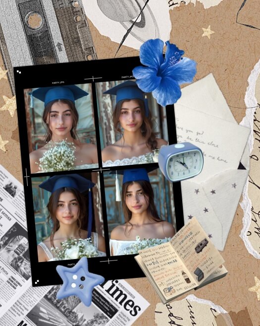 Vintage graduation scrapbook collage with 4-photo film strip grid, ripped paper textures, blue flower, and retro clock.