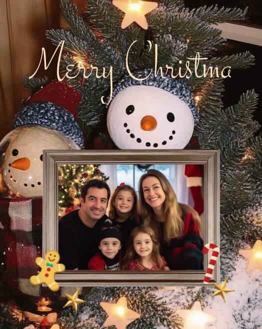 Festive Christmas photo collage template with a family in a frame, snowmen, tree branches, and Merry Christmas text.