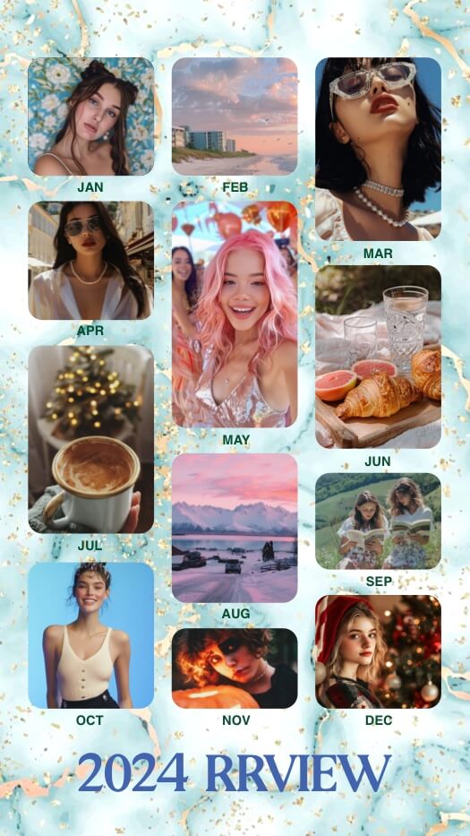 12-photo grid 2024 Year in Review collage template with teal marble background, gold flakes, and monthly text labels.