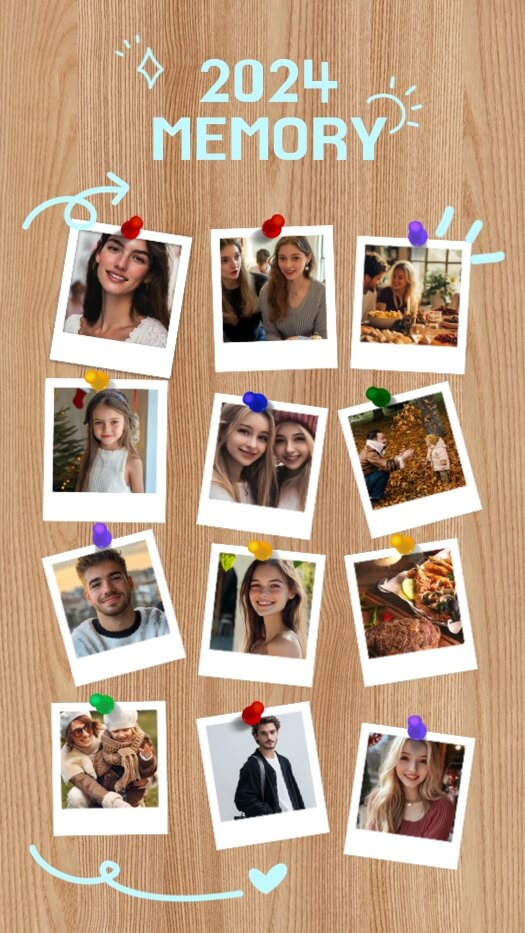 Plantilla de collage para recuerdos de 2024 con fondo de madera, 11 fotos Polaroid, chinchetas de colores y garabatos azules.