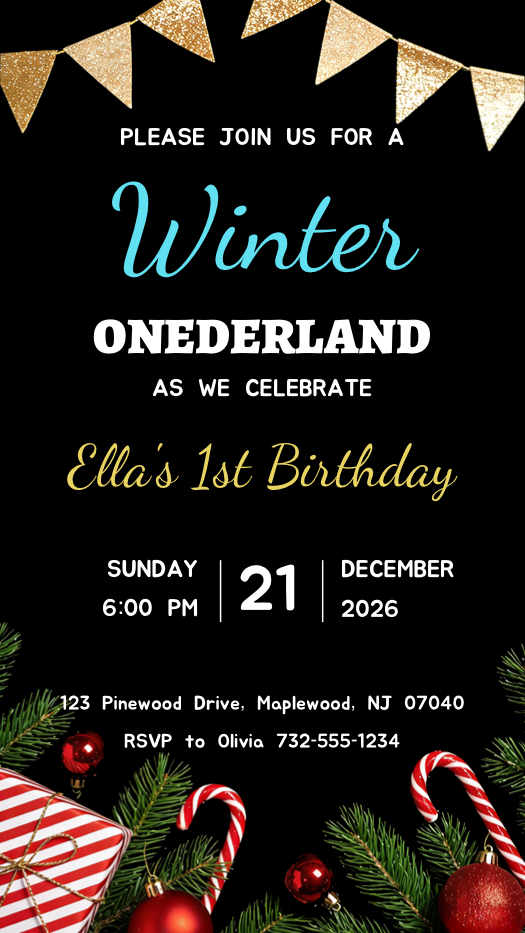 Vertikale Einladungsvorlage mit schwarzem Hintergrund, goldenen Wimpeln und Winterdekorationen wie Tannenzweigen und Weihnachtskugeln.