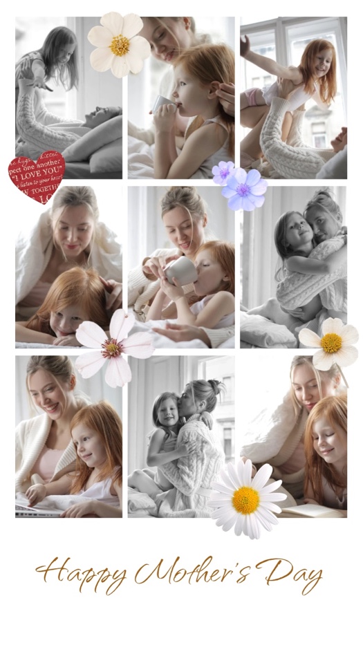 Mother's Day 9-photo collage template with floral stickers, heart decor, and cursive Happy Mother's Day text on white.