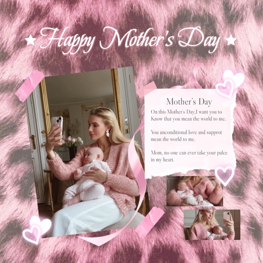 Plantilla de collage para el Día de la Madre con fondo de piel sintética rosa, cintas, corazones luminosos y un cuadro de texto estilo papel rasgado.