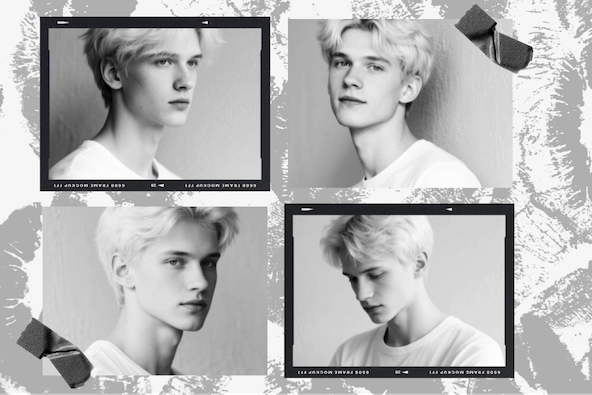 4-photo vintage collage template with film frames, tape stickers, and a lip print background in black and white.