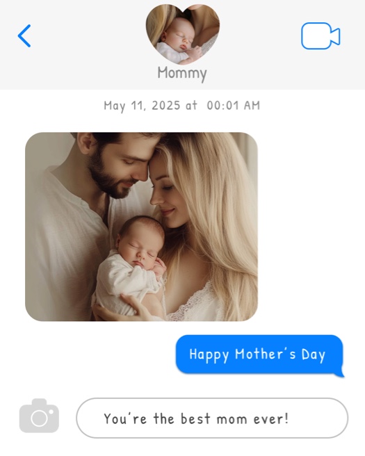 Mother's Day photo collage template in an iOS chat message style with a family picture and blue text bubble.