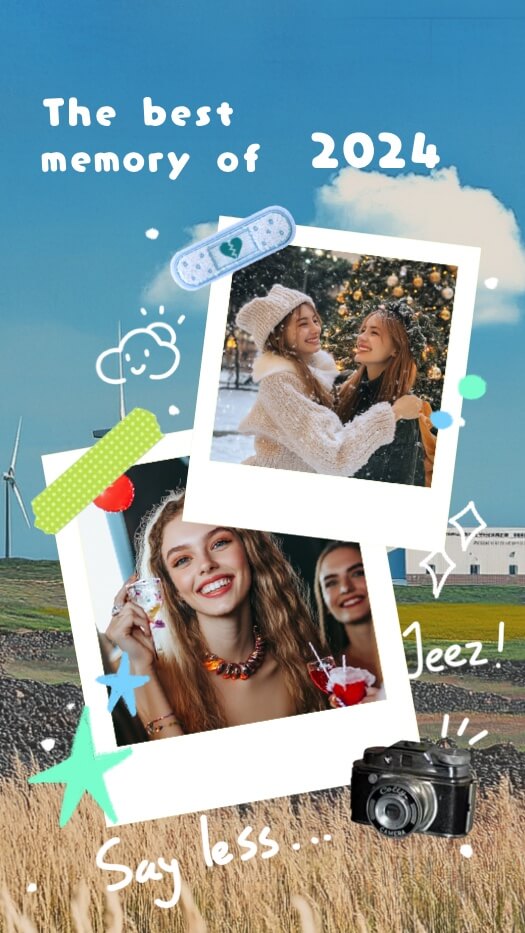 Y2K scrapbook collage template for 2024 memories featuring two polaroid photos, washi tape, and stickers on a landscape.